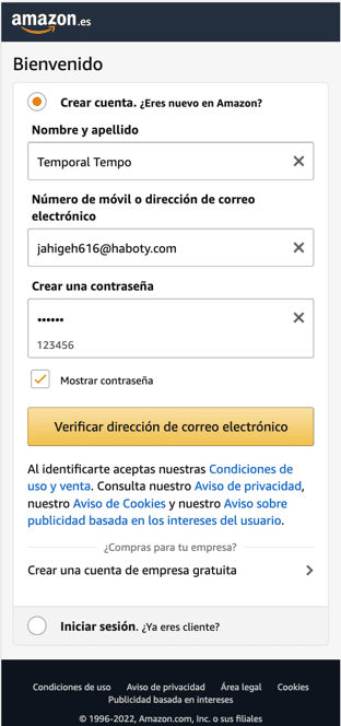 Datos de cuenta de amazon rellenada