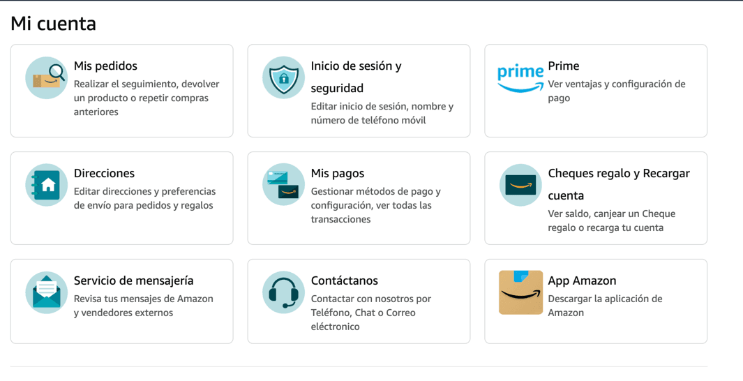 Diferentes opciones dentro de Mi cuenta de Amazon