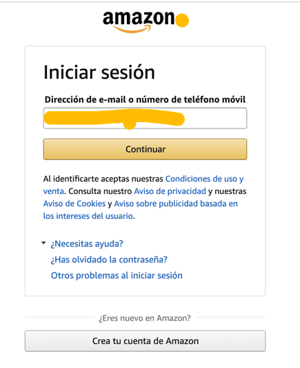 Zona de inicio de sesión donde podremos poner el correo electrónico (email) o teléfono móvil