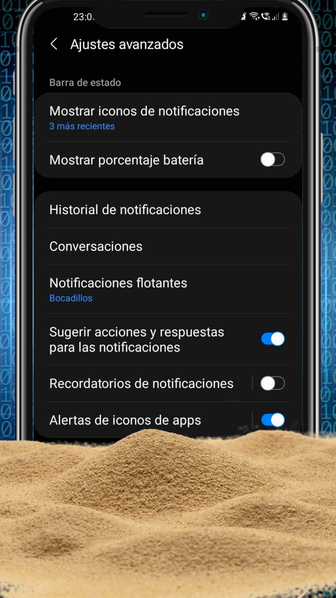 Opción de ajustes avanzados historial de notificaciones