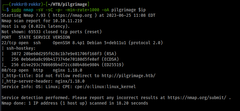 Linux terminal output showing Nmap scan results with ports 22 and 80 open
