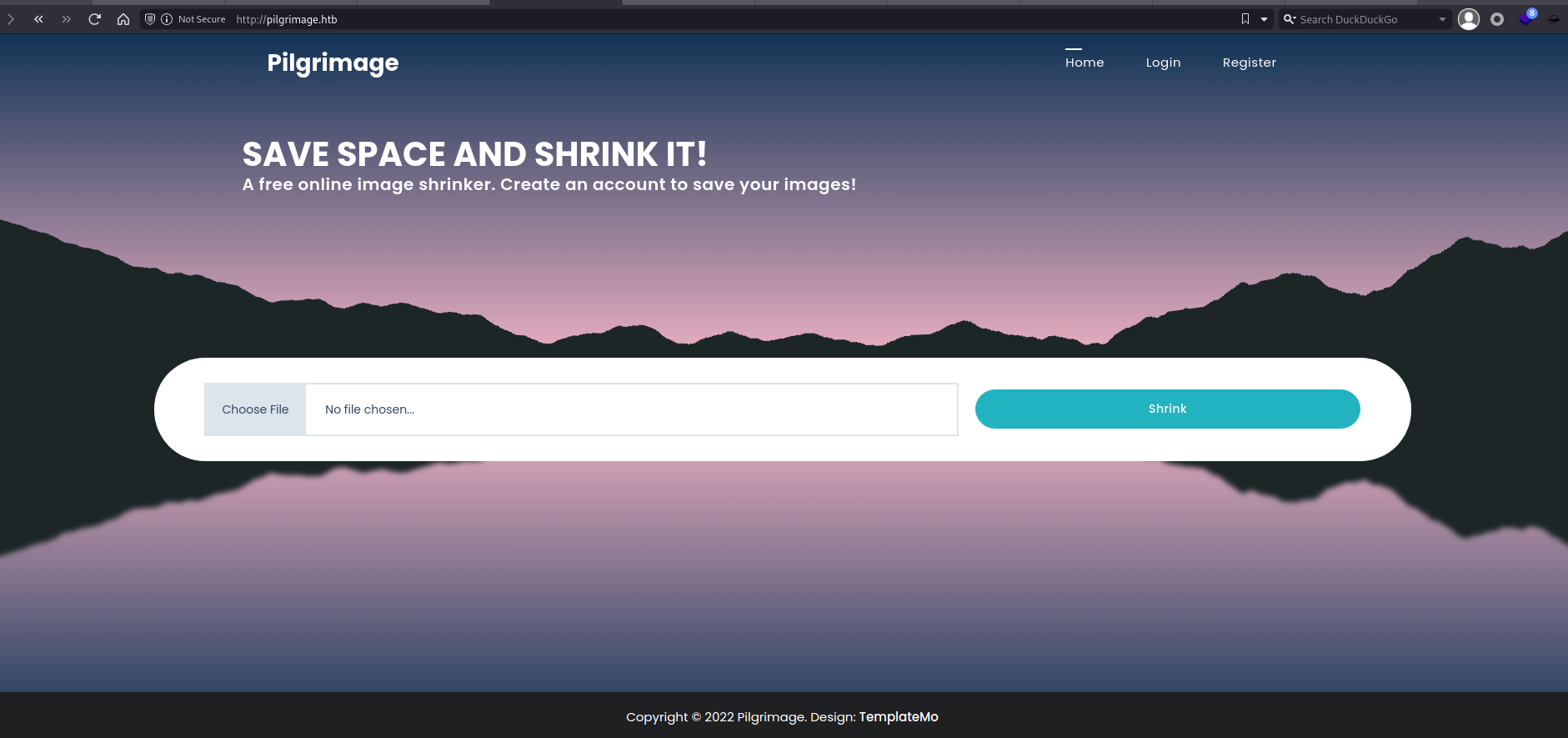 Website home page titled Pilgrimage with a file upload prompt and a button labeled Shrink