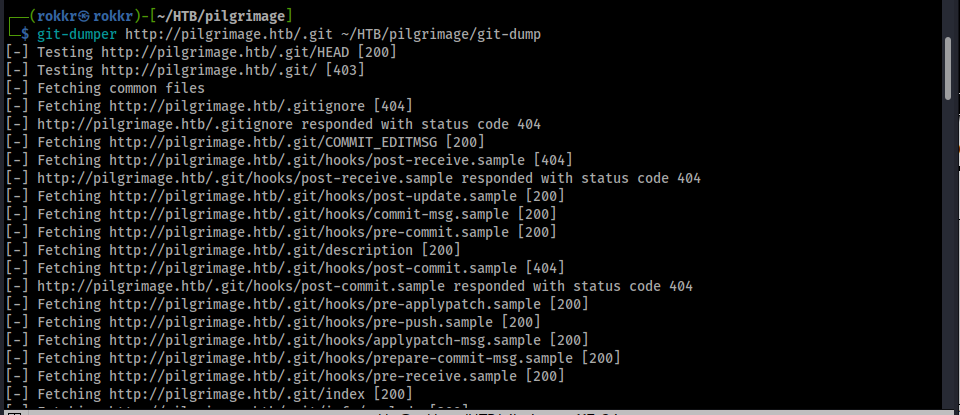 Linux terminal showing the output of the tool git-dumper downloading pilgrimage.htb's git repository