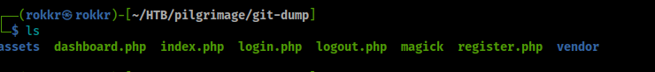 Terminal output showing the resulting source code PHP files downloaded by git-dumper.