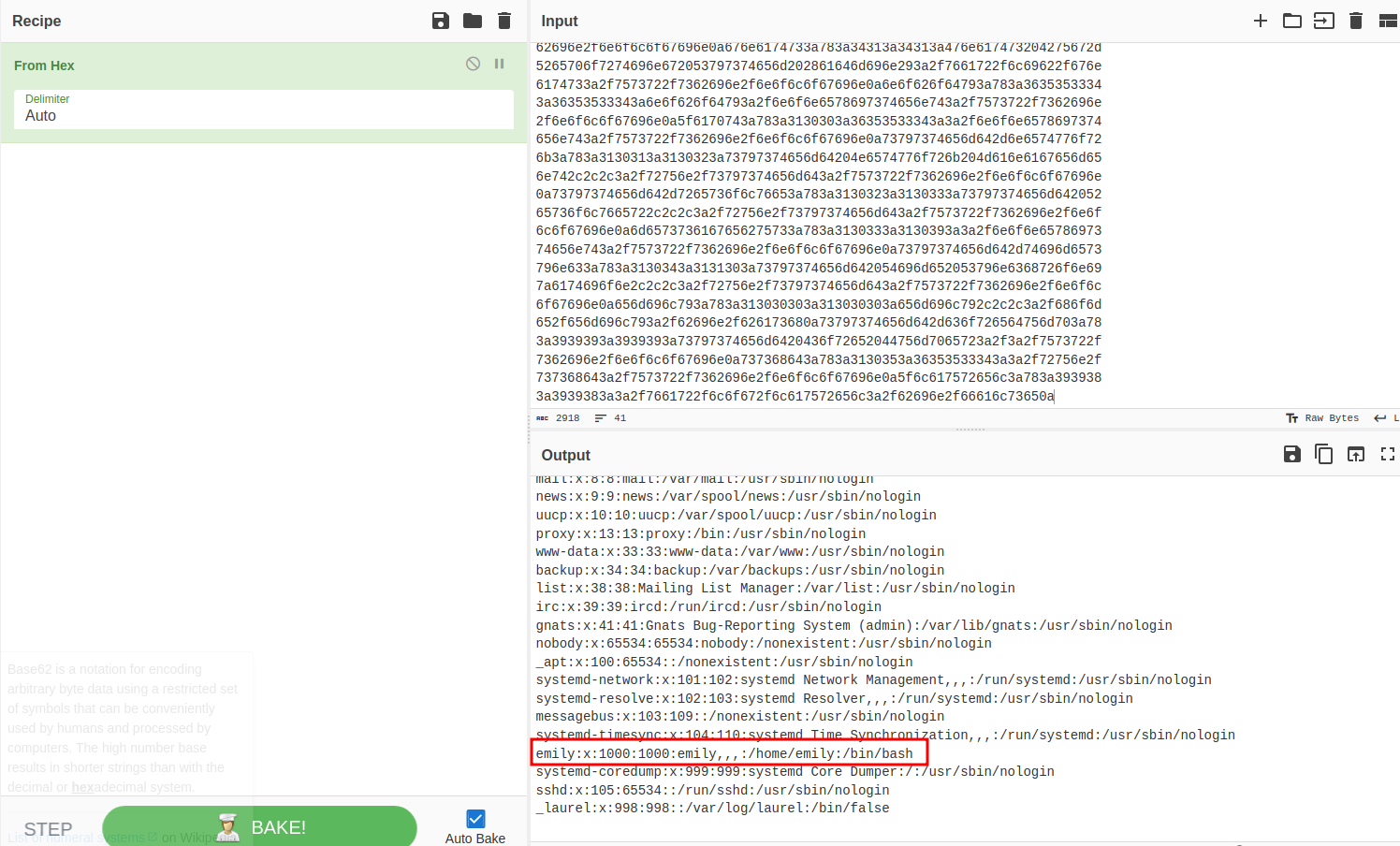 Screenshot of a CyberChef session with the hex encoded output decoded and highlighting the user emily in the /etc/passwd output.