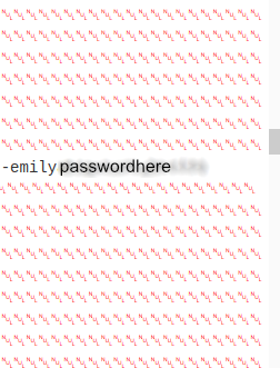 Cropped output of the SQLite DB's decoded output showing the username emily and a redacted plain text password.