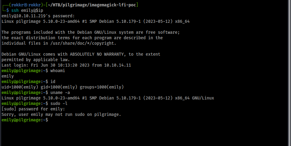 SSH session on the Pilgrimage server as the user emily, running the id, whoami, and uname, and sudo commands.