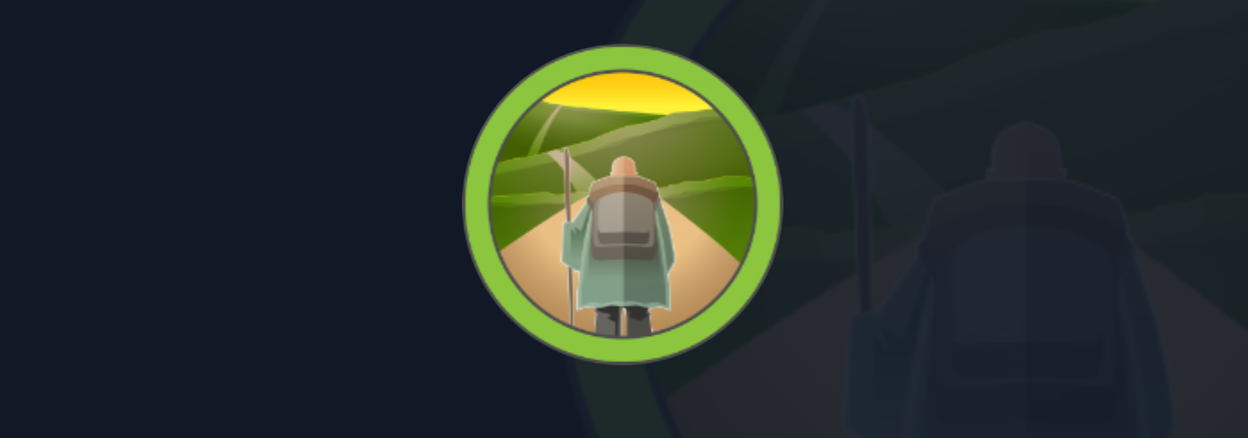 Pilgrimage box art of a hooded figure with a walking stick facing away with a walking path continuing on into the distance. Source: Hack the Box