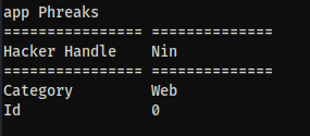 CLI output from running the View members option with a table view. Headers on the left hand side: Hacker handle, Category, and Id. On the right: Nin, Web, 0