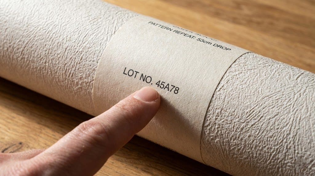 Close up of wallpaper roll label showing batch number