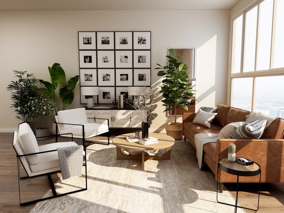 transitional style in living room where traditional elements like leather furniture embraces contemporary style with straight lines and neutral color palettes