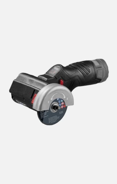An angle grinder with a circular blade on a white background