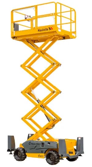 A yellow scissor that is on a white background