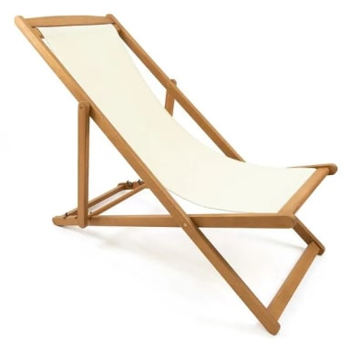 A wooden lounge chair with a white canvas seat