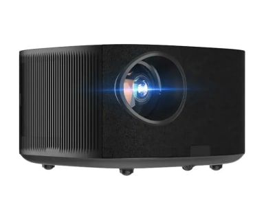 A black projector with a lens on top of it