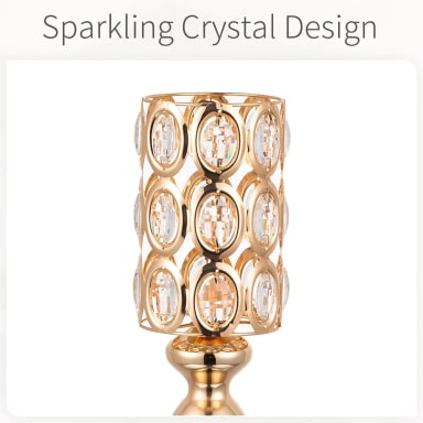 A gold table lamp with a crystal design
