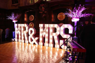 A large sign that says mr and mrs on a dance floor