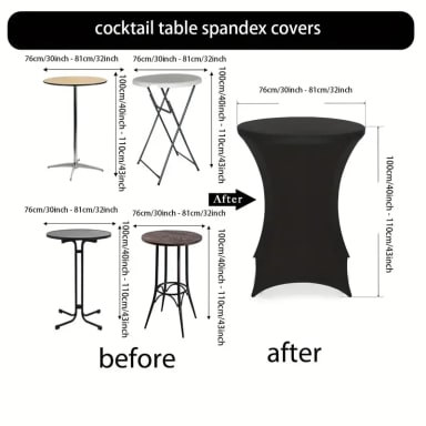 A table with a black table cover and a white table with a black tablecloth