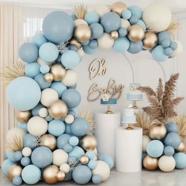 A blue and gold baby shower with balloons