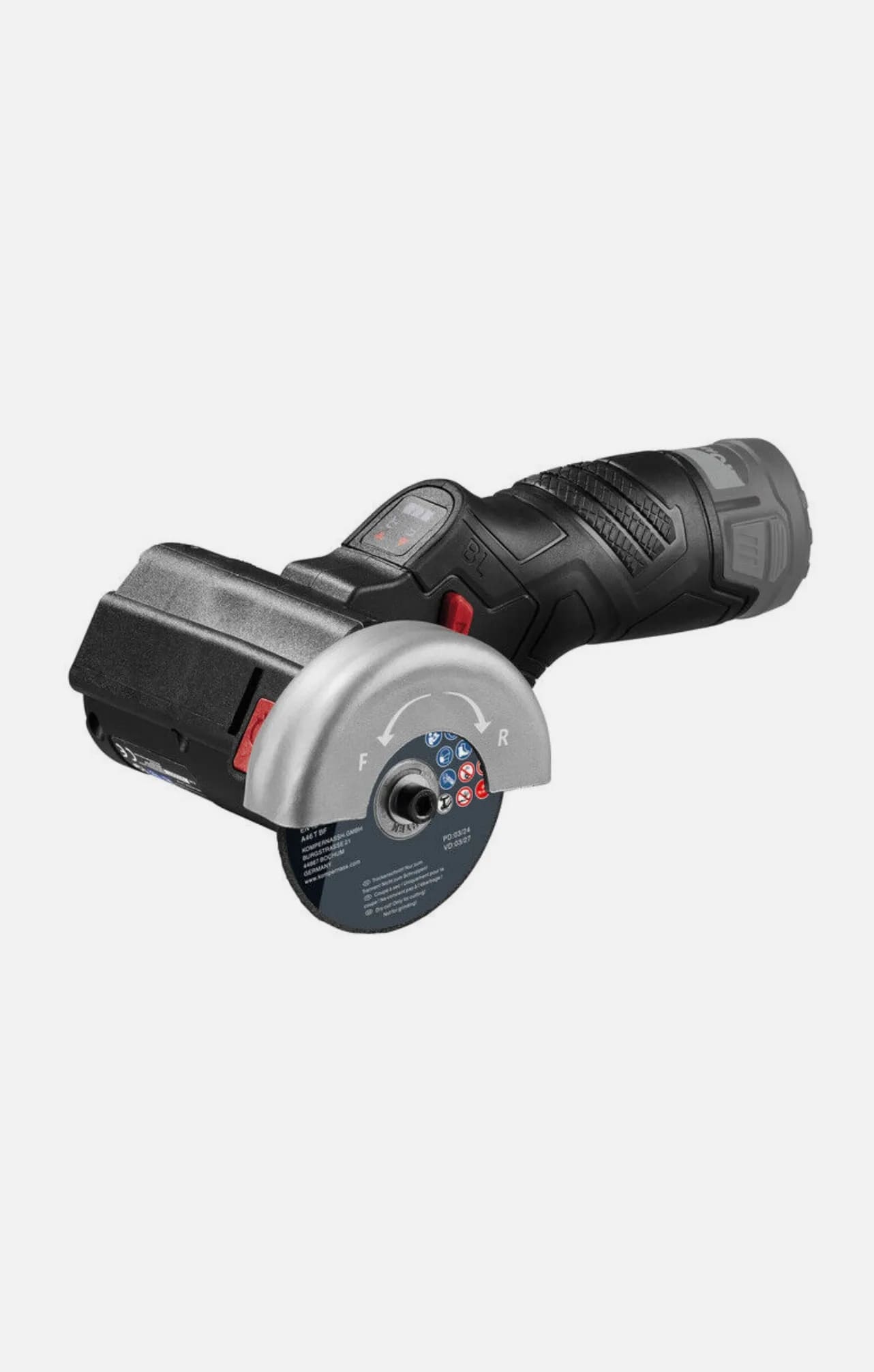 An angle grinder with a circular blade on a white background