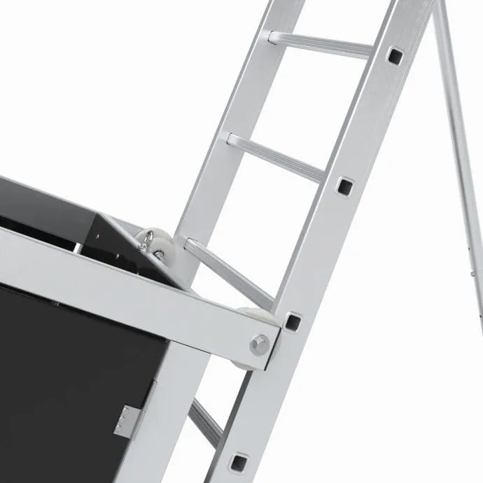 A white metal ladder with a black door