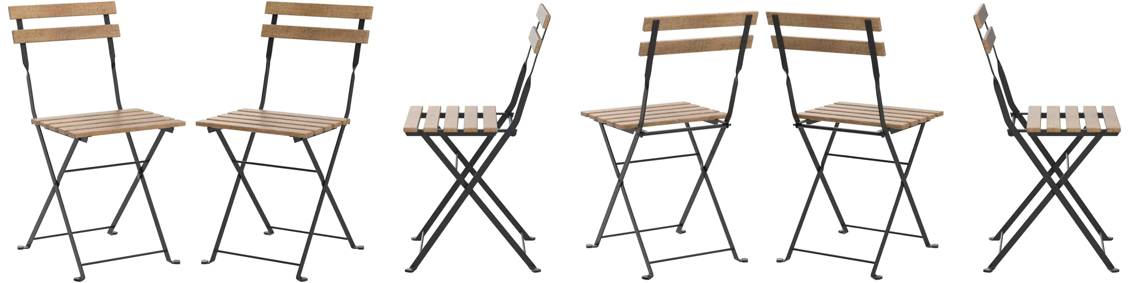 A set of four wooden and metal chairs