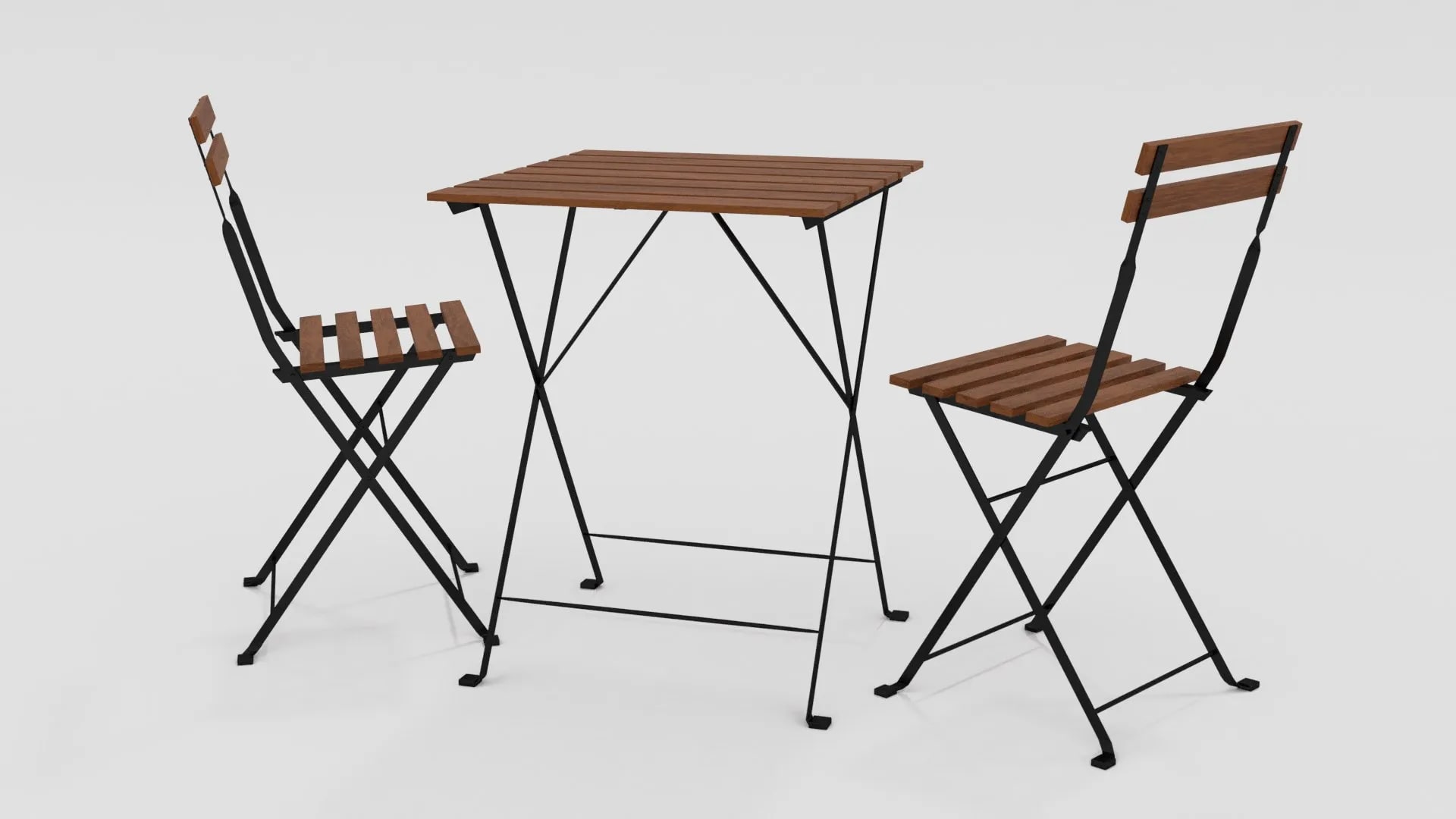 A wooden table and two chairs sitting next to each other