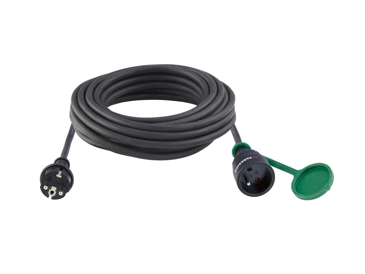 A black and green extension cord with two plugs
