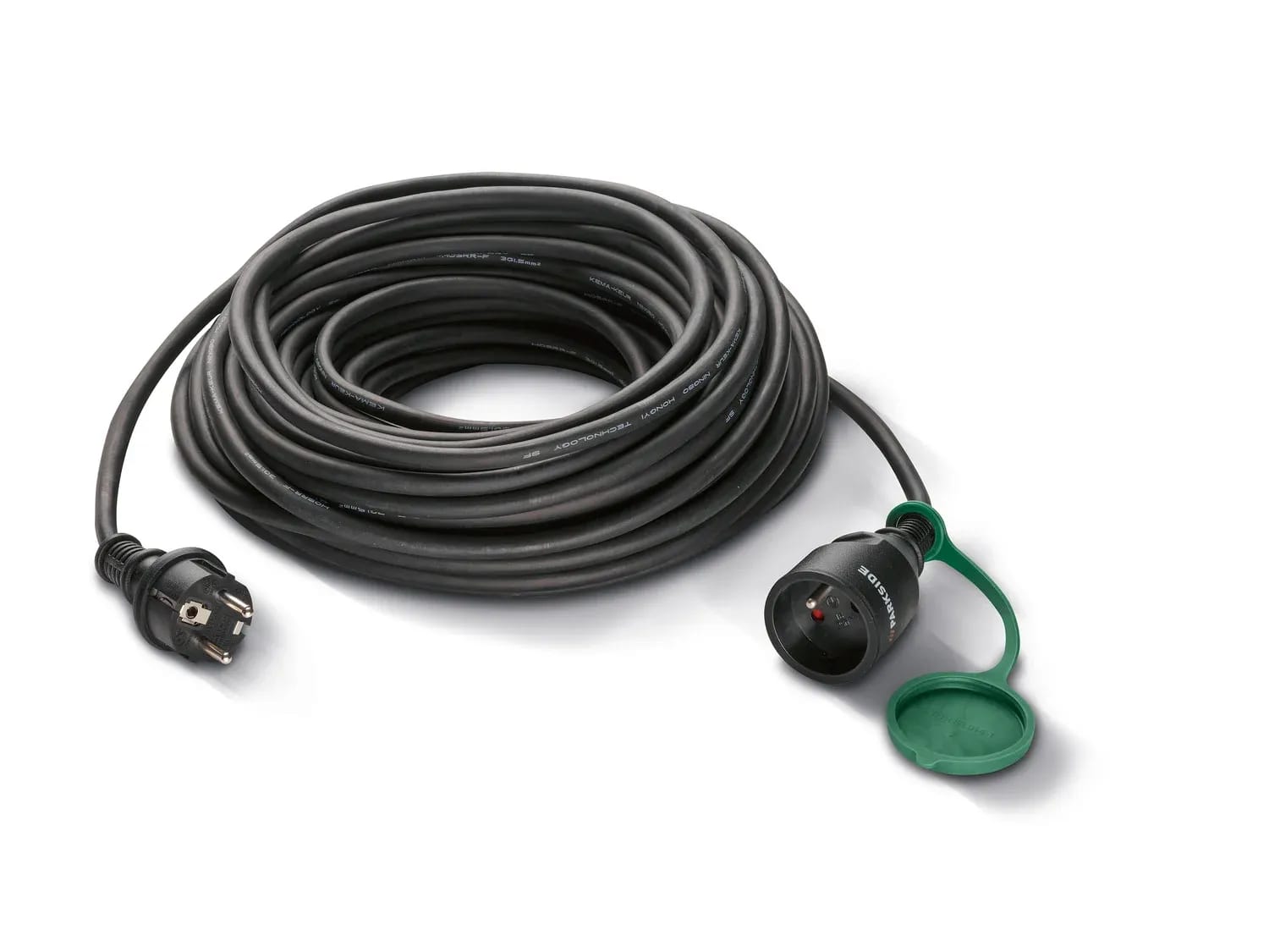 A black and green extension cord with two plugs