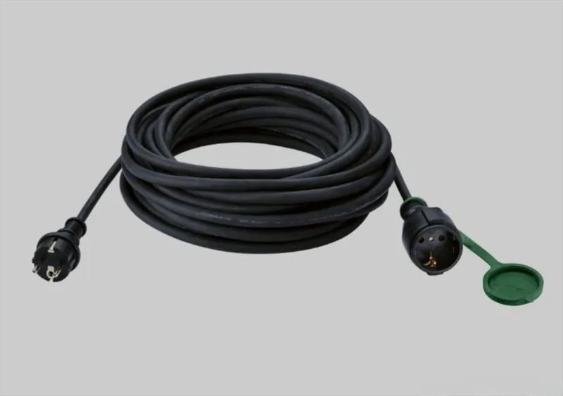 A black extension cord with two green plugs