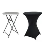 A black and white table and a white table