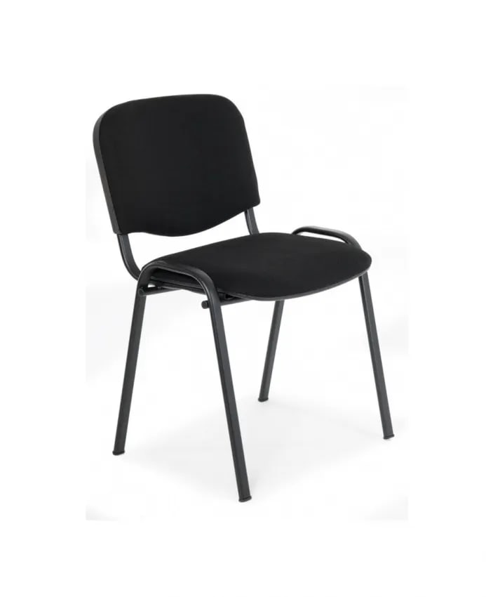 A black stacking chair with a black seat