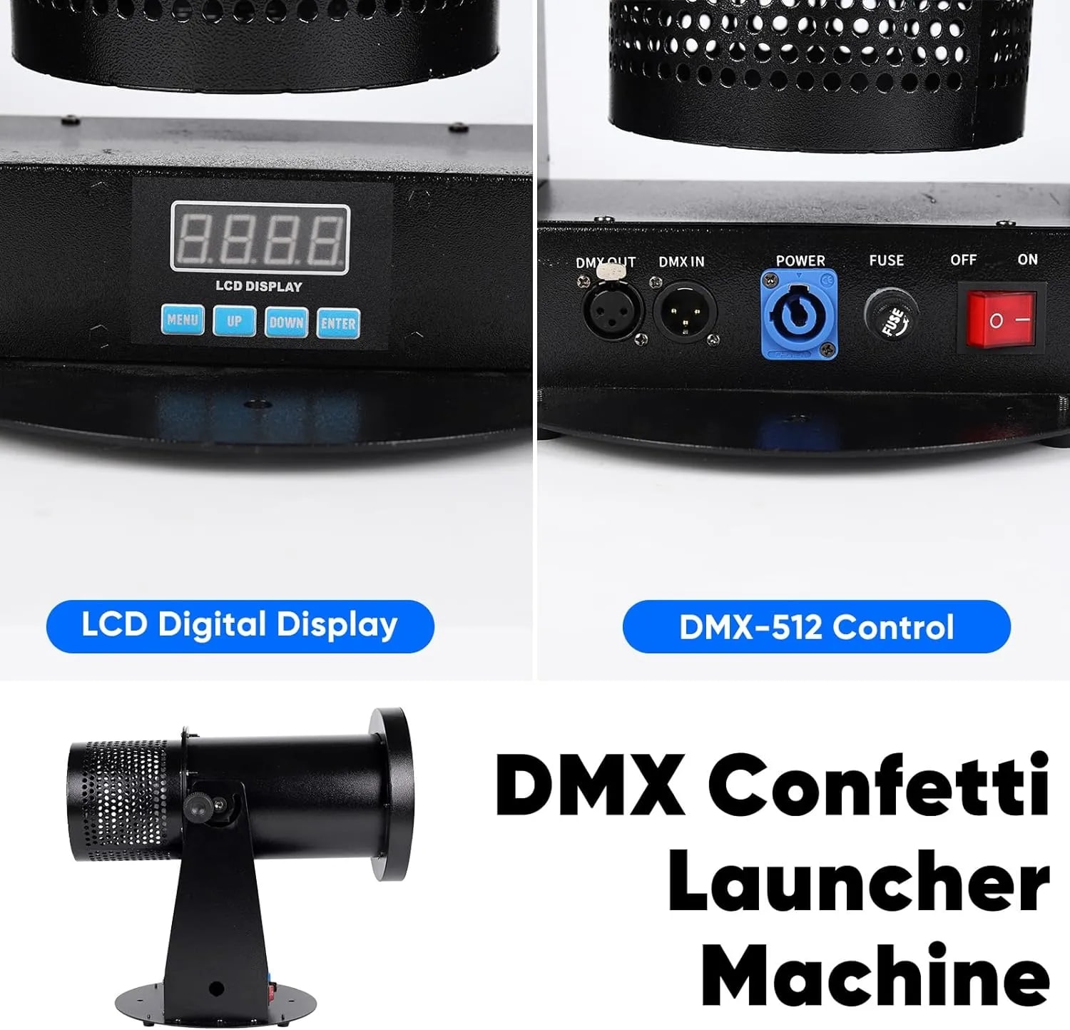 Three different views of the dmx confetti launcher machine
