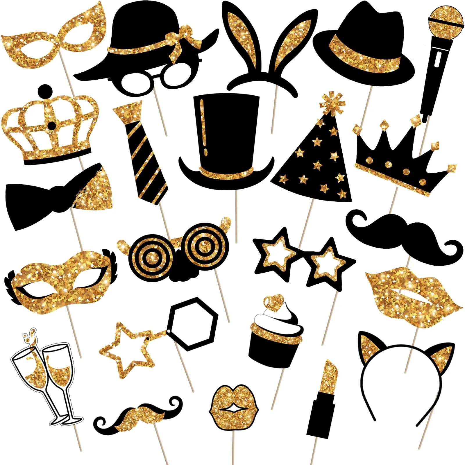 A set of gold and black photo booth props