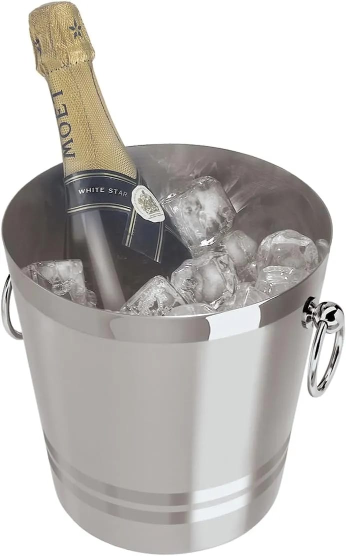 A bottle of champagne in an ice bucket