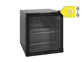 A small black refrigerator with the door open