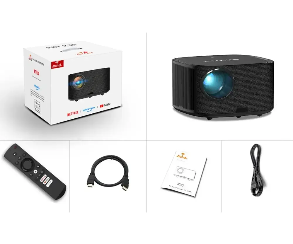 A box with a remote and a projector in it