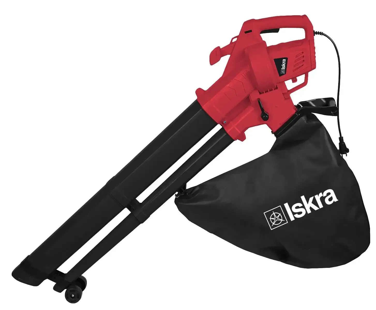 A red and black blow dryer sitting on top of a bag