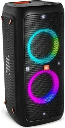 A speaker with a colorful light on it
