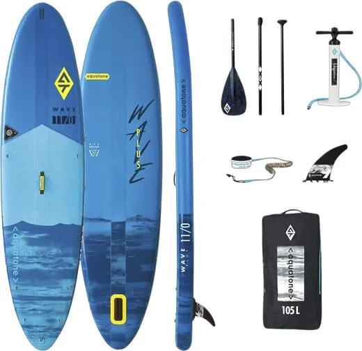 A blue surfboard with a paddle and other items