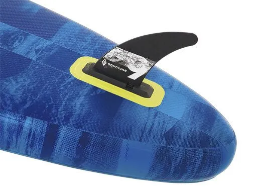 A blue and yellow surfboard with a black and yellow paddle