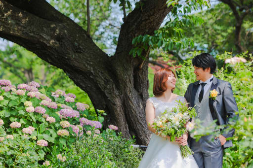 大きな木の下、紫陽花とともに