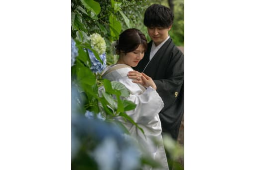 紫陽花を前ボケに