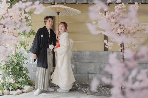桜の前ボケと傘の下で見つめ合う二人