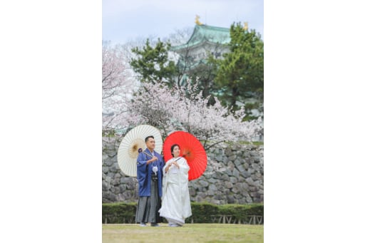 お城、桜、和傘