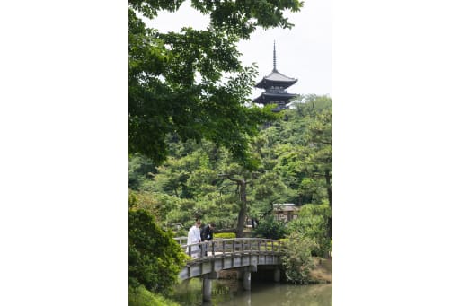 塔を背景に
